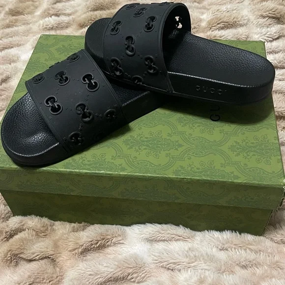 Gucci | Shoes | Gucci Black Embossed Slide Sandals | Poshmark display picture 3